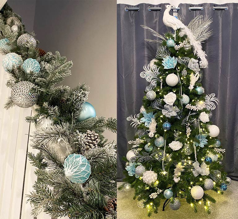 blue, white and silver Christmas decorations