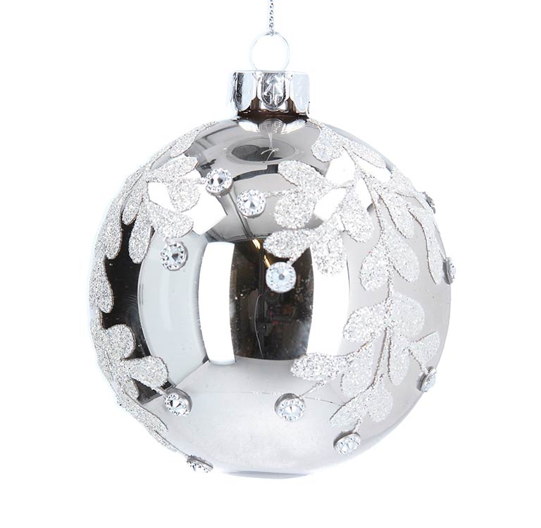 Silver Glass Ball with Diamante Leaf Drop