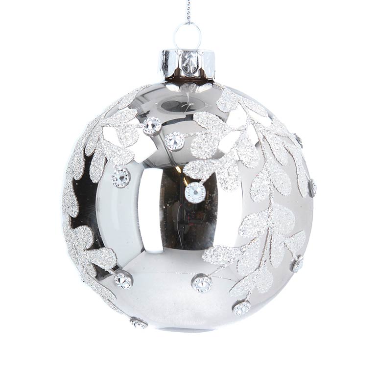 Silver Glass Ball with Diamante Leaf Drop Silver Glass Ball with Diamante Leaf Drop