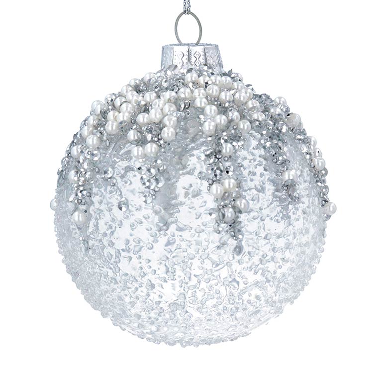 Crushed Clear Glass Ball with Silver Glitter and Pearls Crushed Clear Glass Ball with Silver Glitter and Pearls