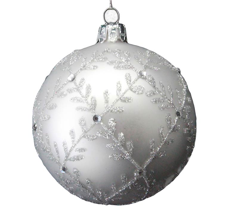 Matt White Ball with Silver Glitter Leaf Trellis Matt White Ball with Silver Glitter Leaf Trellis